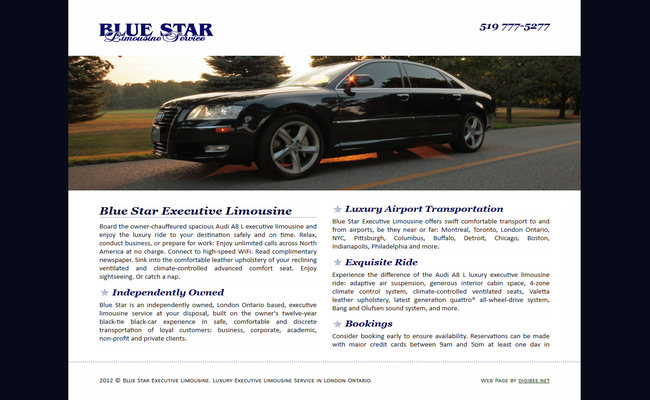 Blue Star Executive Limousine website displayed on an LCD monitor