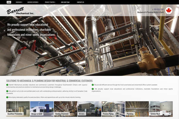 Web design by Mike Cygalski of digibee.net Web Design in London Ontario. Barrett Mechanical Inc. homepage design screenshot.