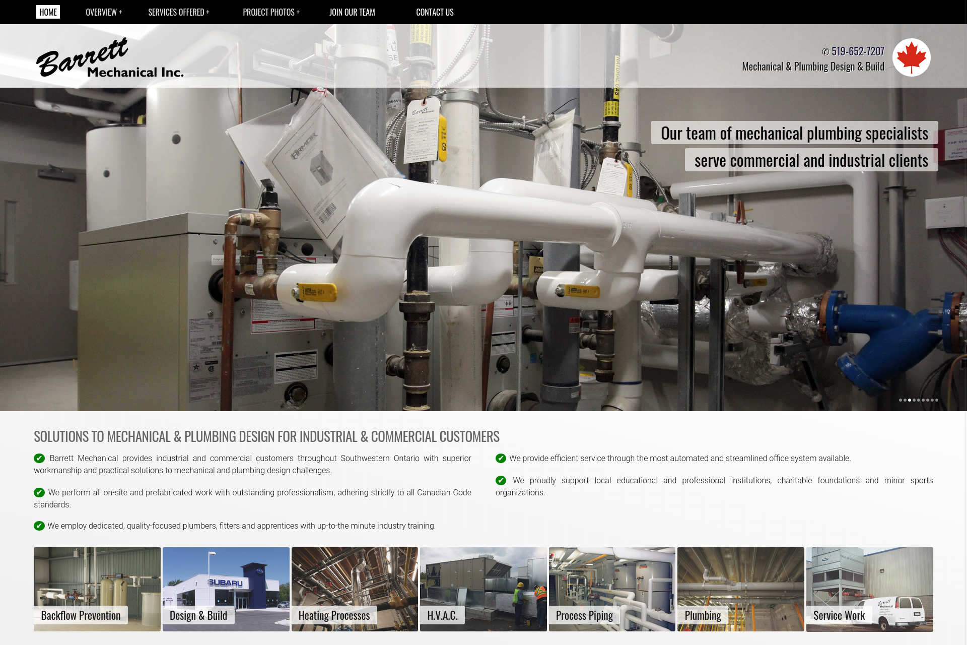 Web development by Mike Cygalski of digibee.net Web Design. London based Barrett Mechanical Inc.'s website homepage screenshot.