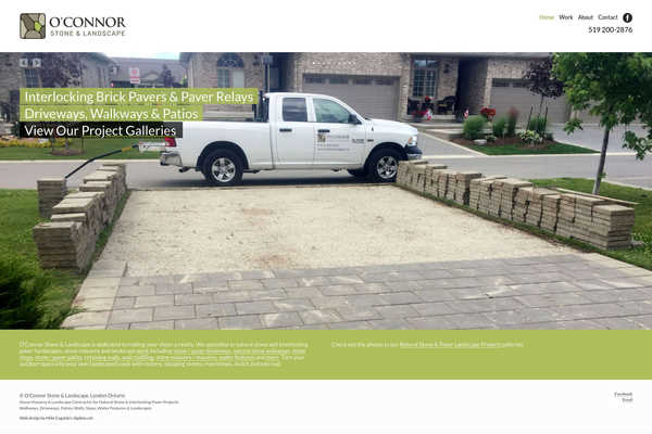 Web design by Mike Cygalski of digibee.net Web Design in London Ontario. O'Connor Stone & Landscape website homepage screenshot.