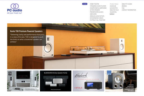 Website design by Mike Cygalski of digibee.net Web Design. London based PC Audio website homepage screenshot.
