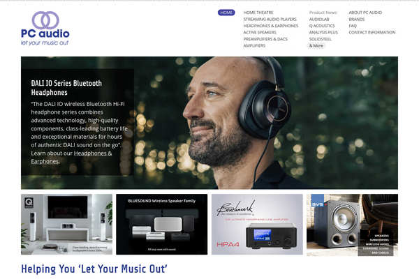 Website design by Mike Cygalski of digibee.net Web Design. London based PC Audio website homepage screenshot.