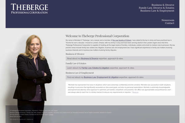 Website design by Mike Cygalski of digibee.net. London Ontario based Theberge Law, business and family law practice, homepage design screenshot.