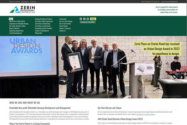 Web design by Mike Cygalski of digibee.net in London Ontario. Zerin Development Corporation homepage design screenshot.