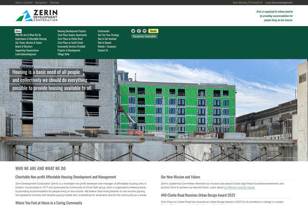 Web design by Mike Cygalski of digibee.net in London Ontario. Zerin Development Corporation homepage design screenshot.