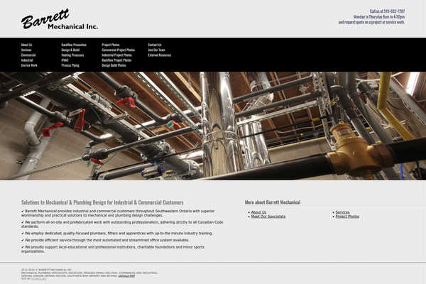Web design by Mike Cygalski of digibee.net Web Design in London Ontario. Barrett Mechanical Inc. homepage design screenshot.
