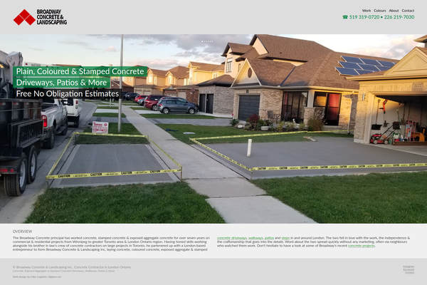 Website design by Mike Cygalski of digibee.net Web Design in London Ontario. Broadway Concrete Inc. website homepage screenshot.