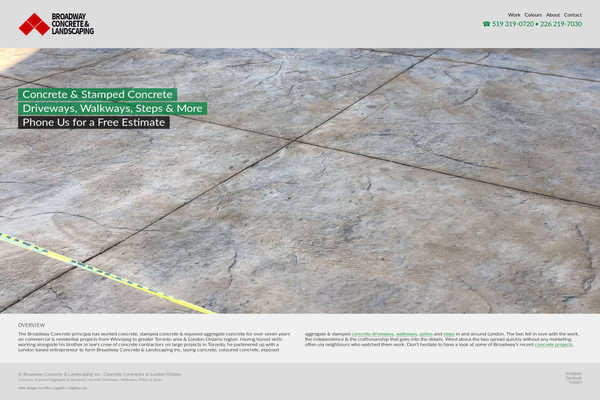 Website developement by Mike Cygalski of digibee.net Web Design in London Ontario. A Broadway Concrete Inc. homepage design screenshot.